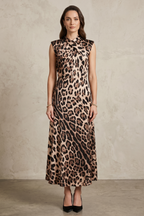 Asimetrik Yaka Saten Leopar Desenli Elbise | QUEENDA