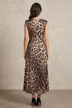 Asimetrik Yaka Saten Leopar Desenli Elbise | QUEENDA