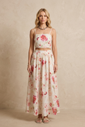Floral Keten İkili Takım | Çiçek Desenli Crop Top ve Maxi Etek Set | QUEENDA