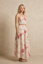 Floral Keten İkili Takım | Çiçek Desenli Crop Top ve Maxi Etek Set | QUEENDA