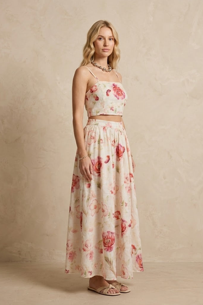 Floral Keten İkili Takım | Çiçek Desenli Crop Top ve Maxi Etek Set | QUEENDA