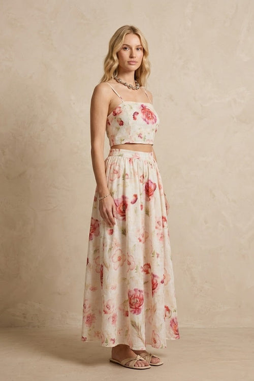 Floral Keten İkili Takım | Çiçek Desenli Crop Top ve Maxi Etek Set | QUEENDA