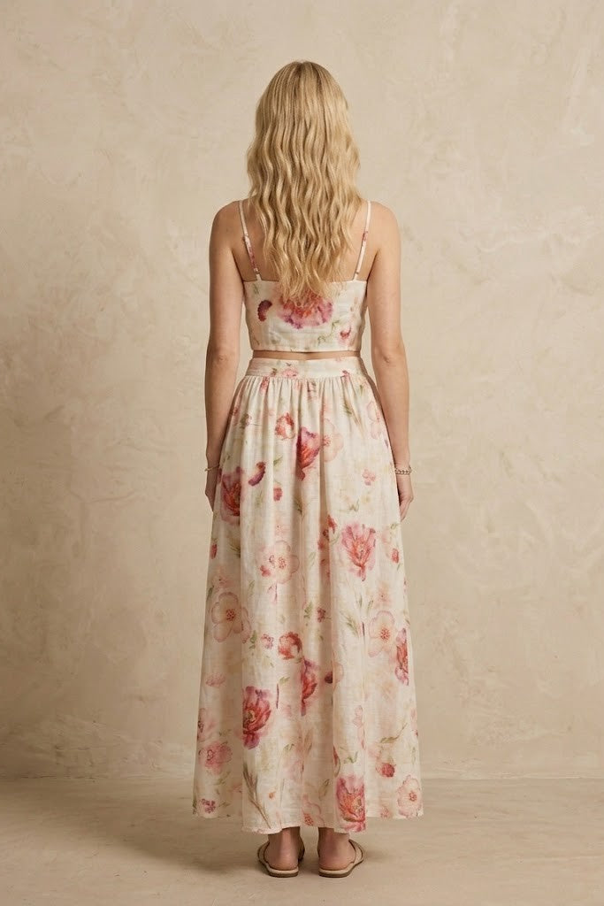 Floral Keten İkili Takım | Çiçek Desenli Crop Top ve Maxi Etek Set | QUEENDA