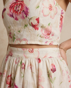 Floral Keten İkili Takım | Çiçek Desenli Crop Top ve Maxi Etek Set | QUEENDA