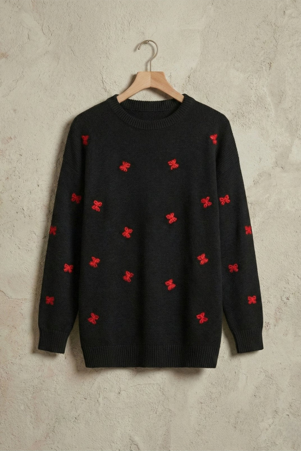 Kırmızı Fiyonk Motifli Siyah Oversize Triko Tunik Kazak | QUEENDA