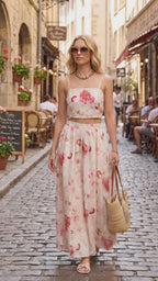 Floral Keten İkili Takım | Çiçek Desenli Crop Top ve Maxi Etek Set | QUEENDA