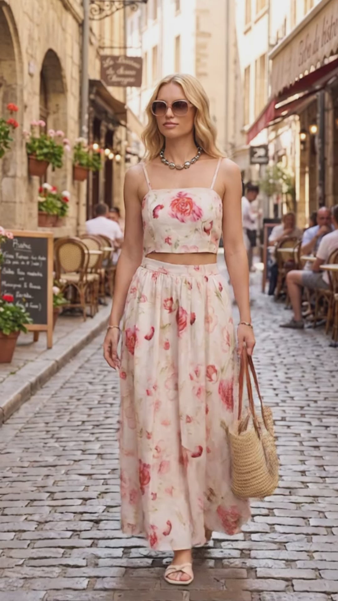 Floral Keten İkili Takım | Çiçek Desenli Crop Top ve Maxi Etek Set | QUEENDA