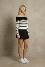 Kadın Off-the-shoulder Çizgili Rib Triko Bluz | QUEENDA