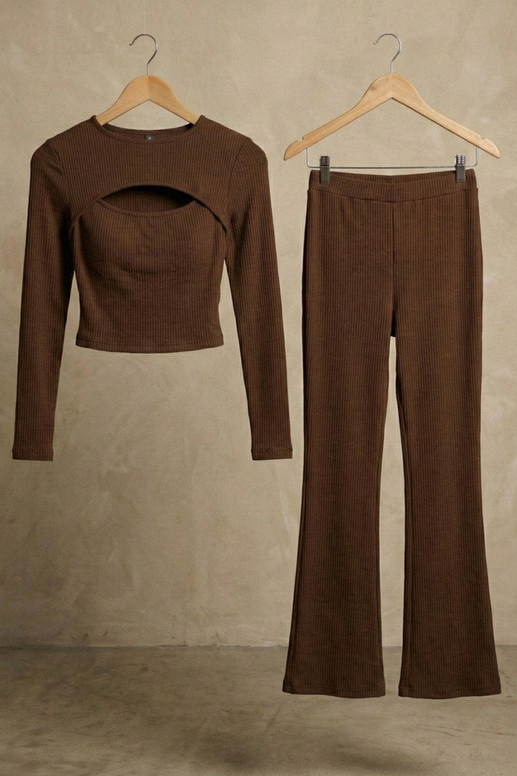 Kadın Uzun Kollu Dekolteli Rib Kumaş İki Parça Takım | QUEENDA