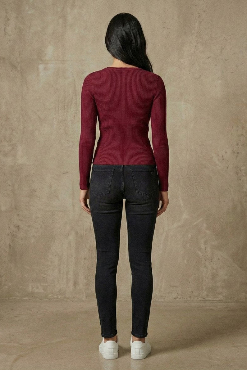 Kadın V Yaka Uzun Kollu Rib Basic Bluz | QUEENDA