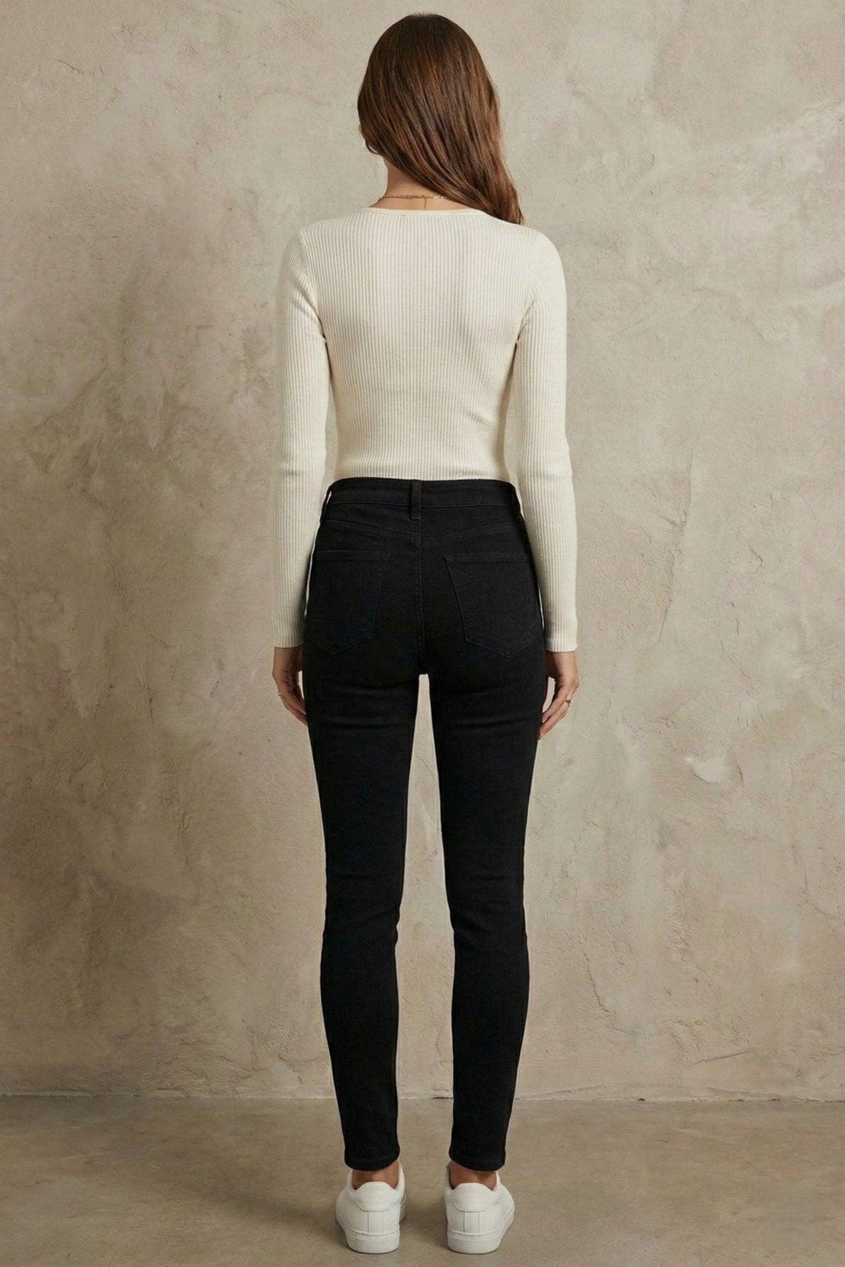 Kadın V Yaka Uzun Kollu Rib Basic Bluz | QUEENDA