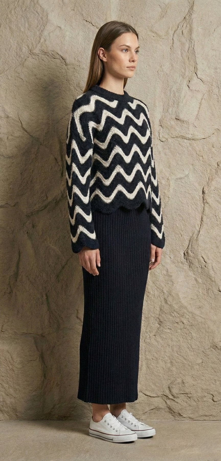 Dalgalı Desenli Triko Kazak ve Fitilli Askılı Midi Elbise İkili Takım | QUEENDA