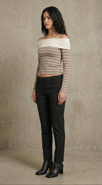 Kadın Off-The-Shoulder Çizgili Rib Triko Bluz | QUEENDA