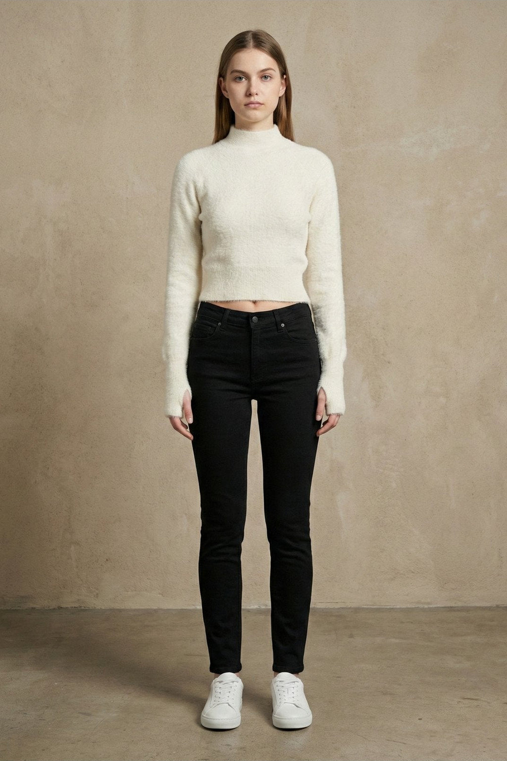 Kadın Yarım Balıkçı Uzun Kollu Parmak Geçmeli Crop Yumuşak Triko Kazak | QUEENDA