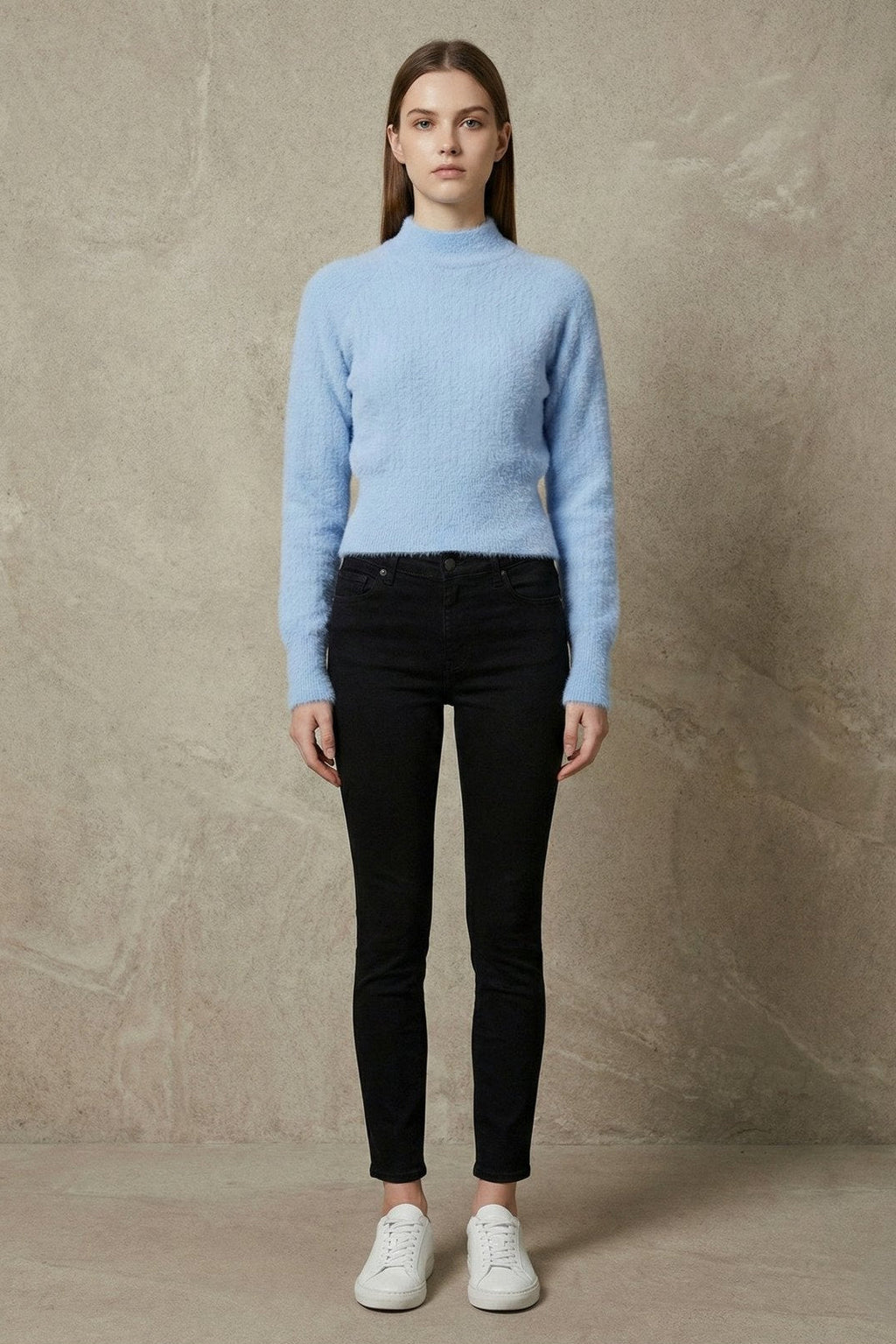 Kadın Yarım Balıkçı Uzun Kollu Parmak Geçmeli Crop Yumuşak Triko Kazak | QUEENDA