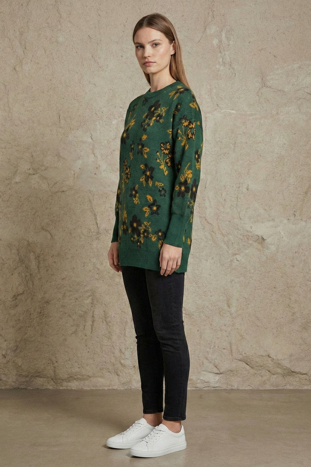 Kadın Çiçek Desenli Oversize Tunik Triko Kazak | QUEENDA