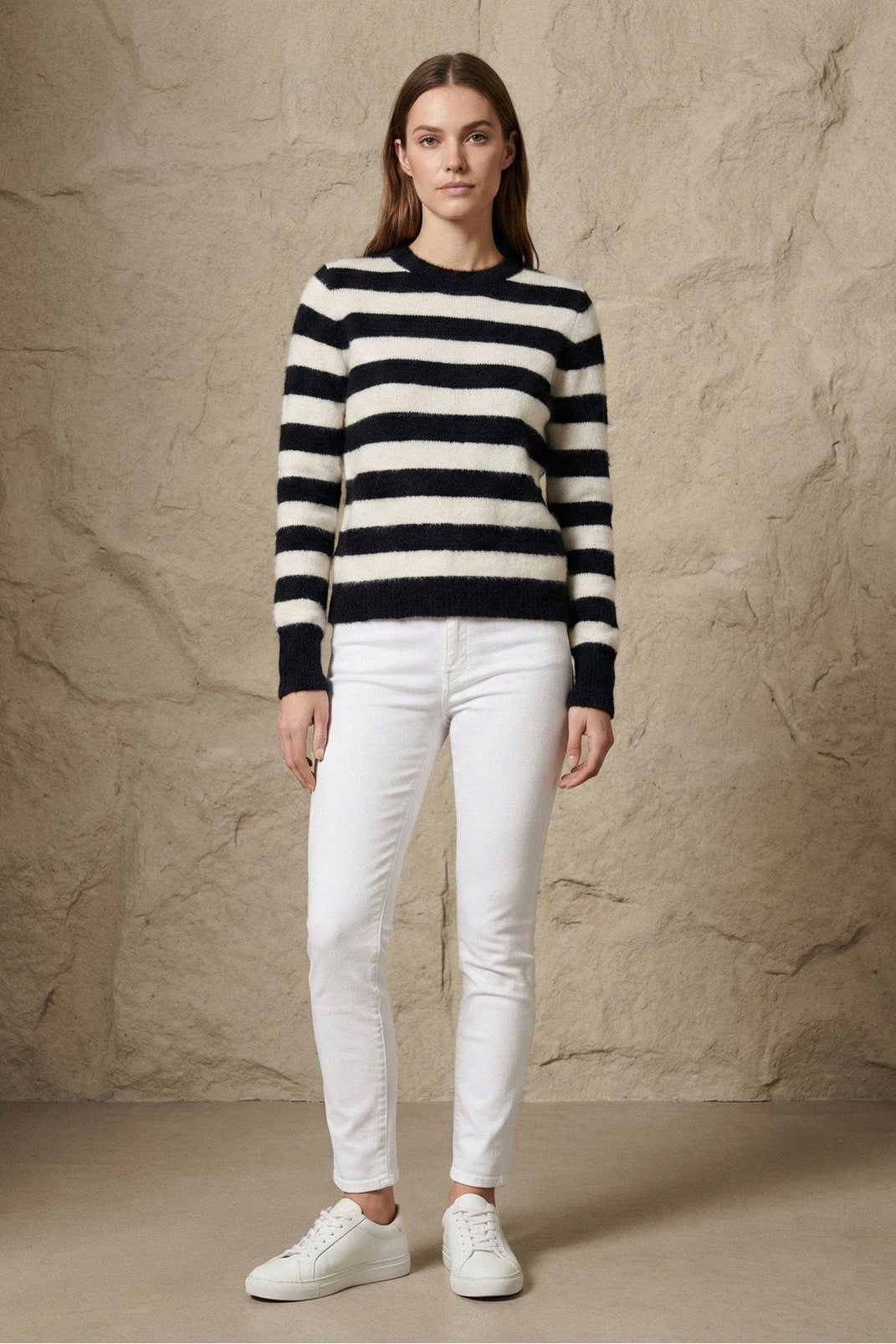 Kadın Çizgili Bisiklet Yaka Yumuşak Triko Kazak | QUEENDA