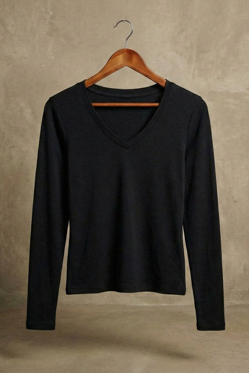 Kadın V Yaka Uzun Kollu Rib Basic Bluz | QUEENDA