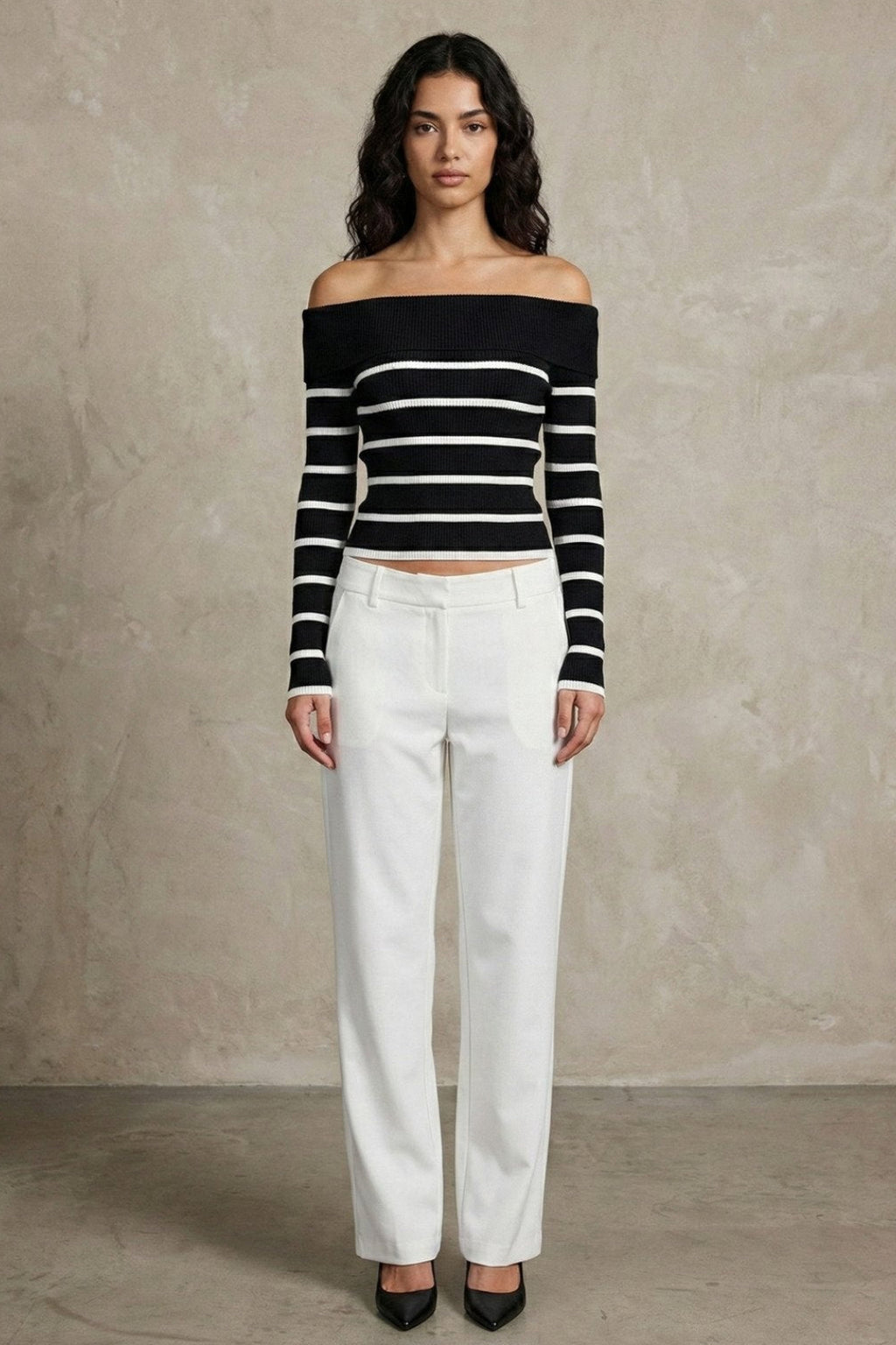 Kadın Off-the-shoulder Çizgili Rib Triko Bluz | QUEENDA