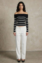 Kadın Off-the-shoulder Çizgili Rib Triko Bluz | QUEENDA