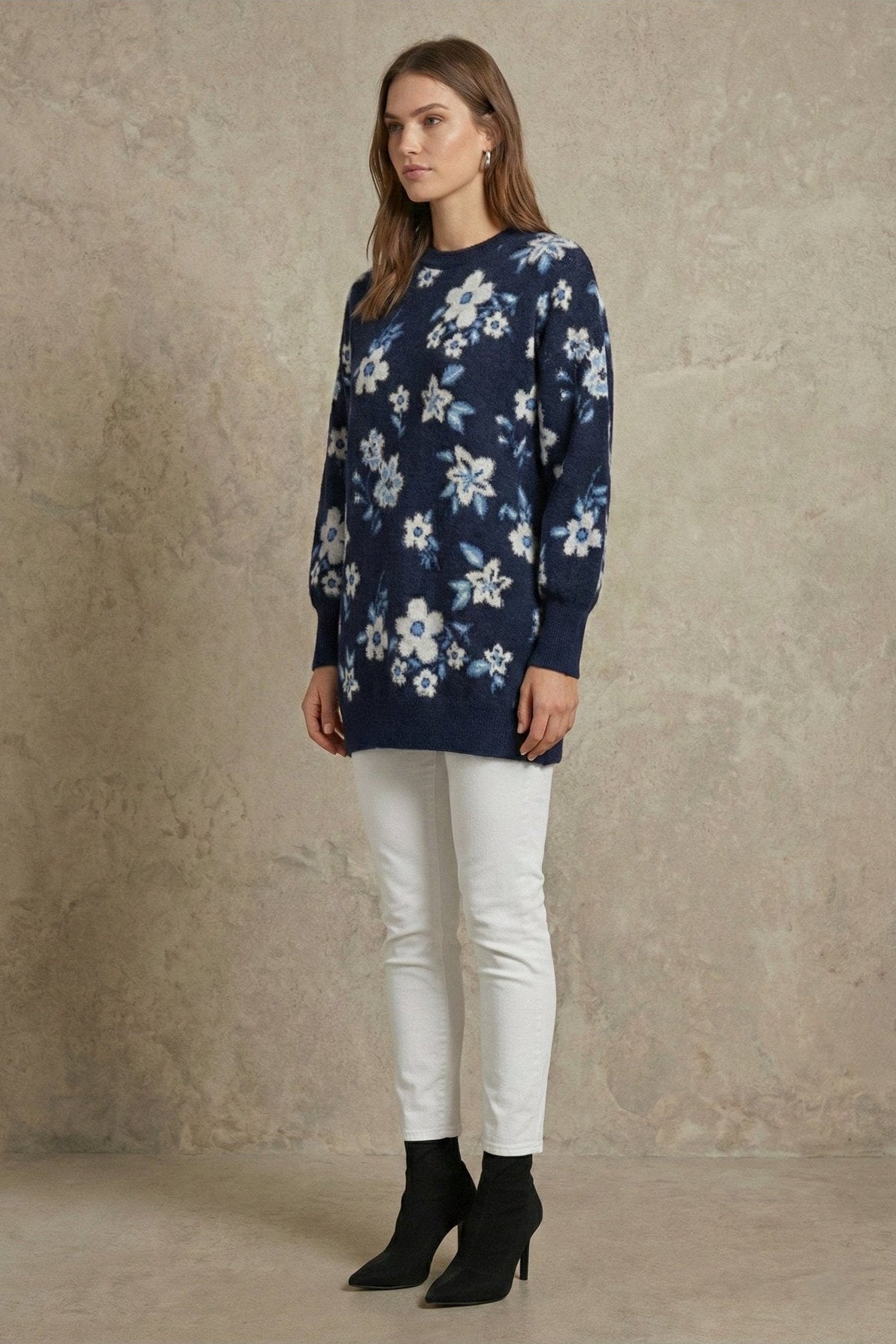 Kadın Çiçek Desenli Oversize Tunik Triko Kazak | QUEENDA