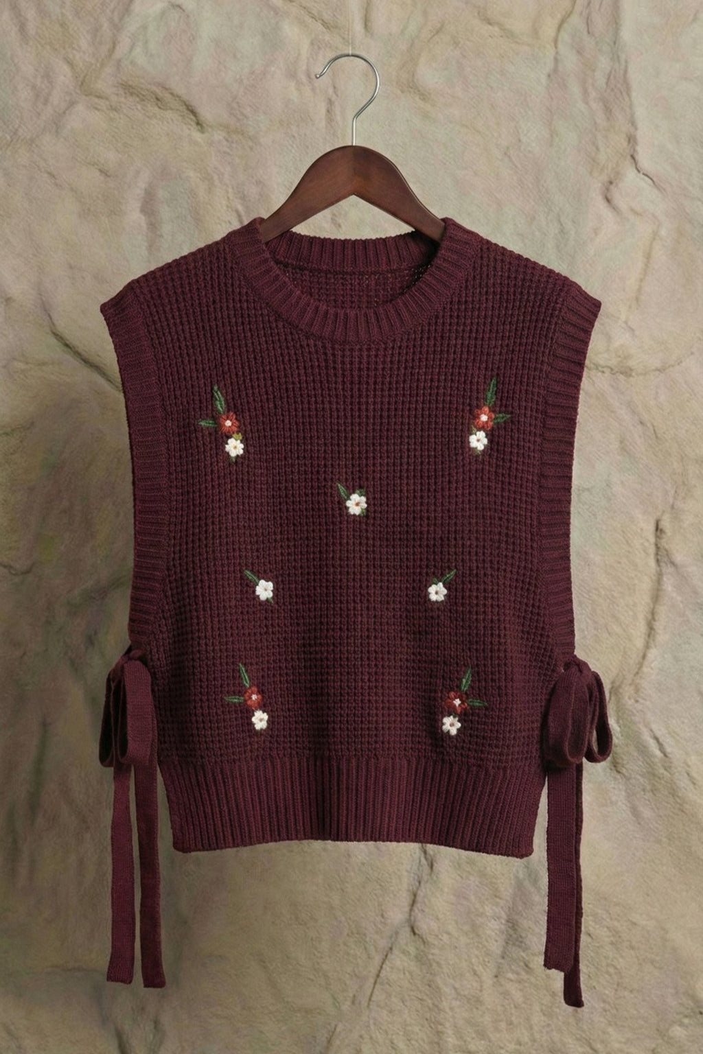 Çiçek Nakışlı Yanları Bağcıklı Bisiklet Yaka Triko Süveter | QUEENDA