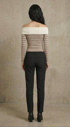 Kadın Off-The-Shoulder Çizgili Rib Triko Bluz | QUEENDA