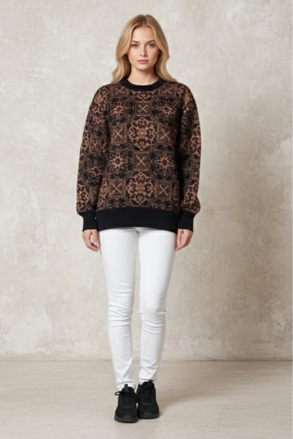 Kadın Retro Desenli Oversize Triko Kazak | QUEENDA