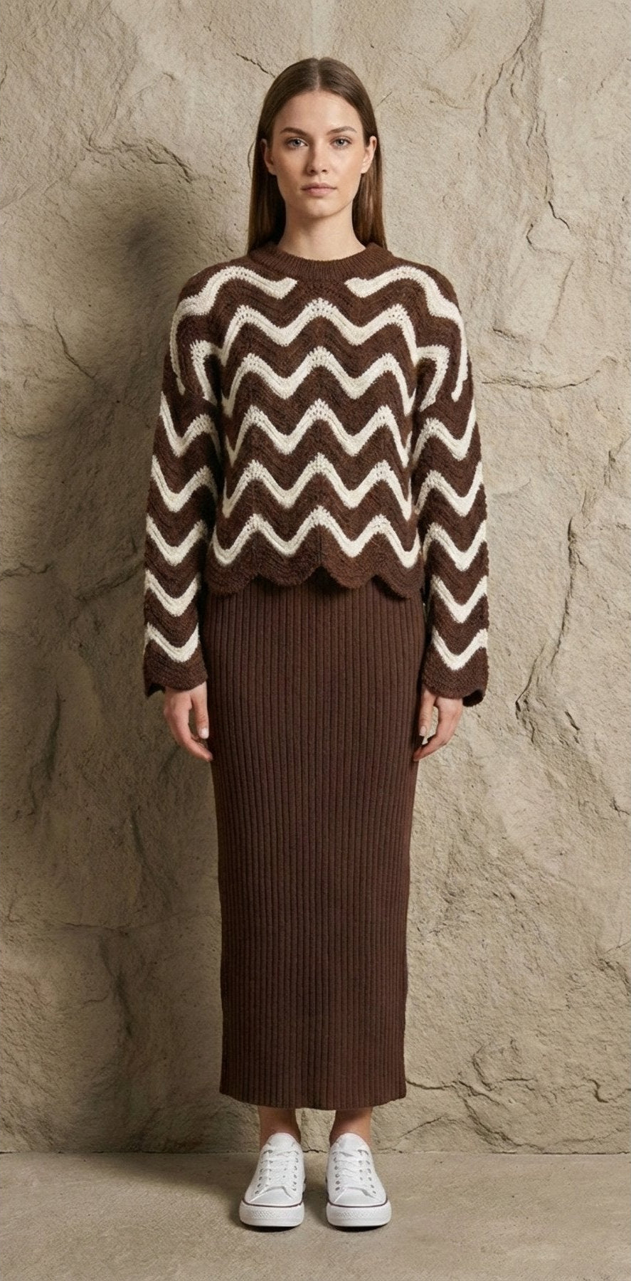 Dalgalı Desenli Triko Kazak ve Fitilli Askılı Midi Elbise İkili Takım | QUEENDA