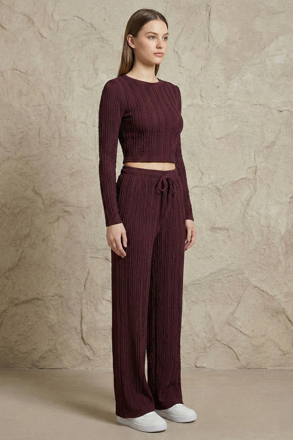 Kadın Fitilli Uzun Kollu Parmak Geçmeli Crop Üst & Geniş Paça Pantolon Takım | QUEENDA