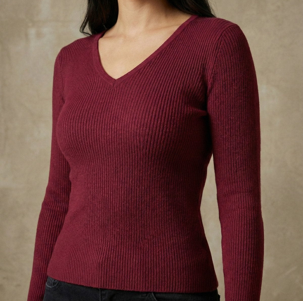 Kadın V Yaka Uzun Kollu Rib Basic Bluz | QUEENDA