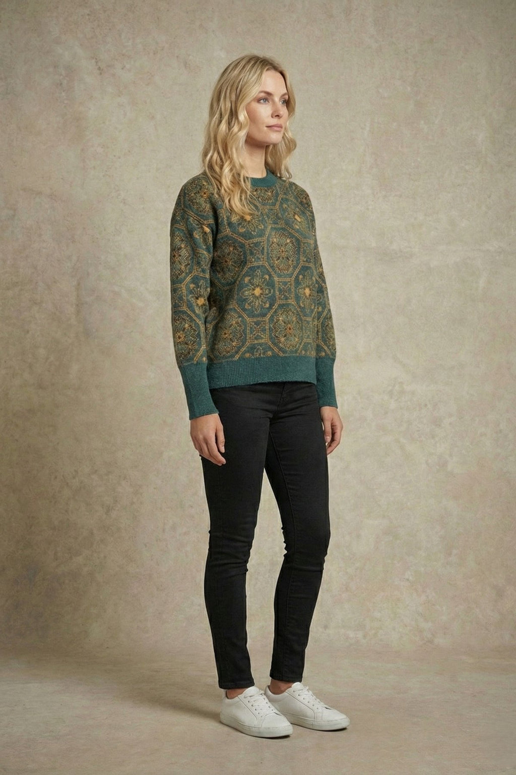 Kadın Retro Desenli Oversize Triko Kazak | QUEENDA