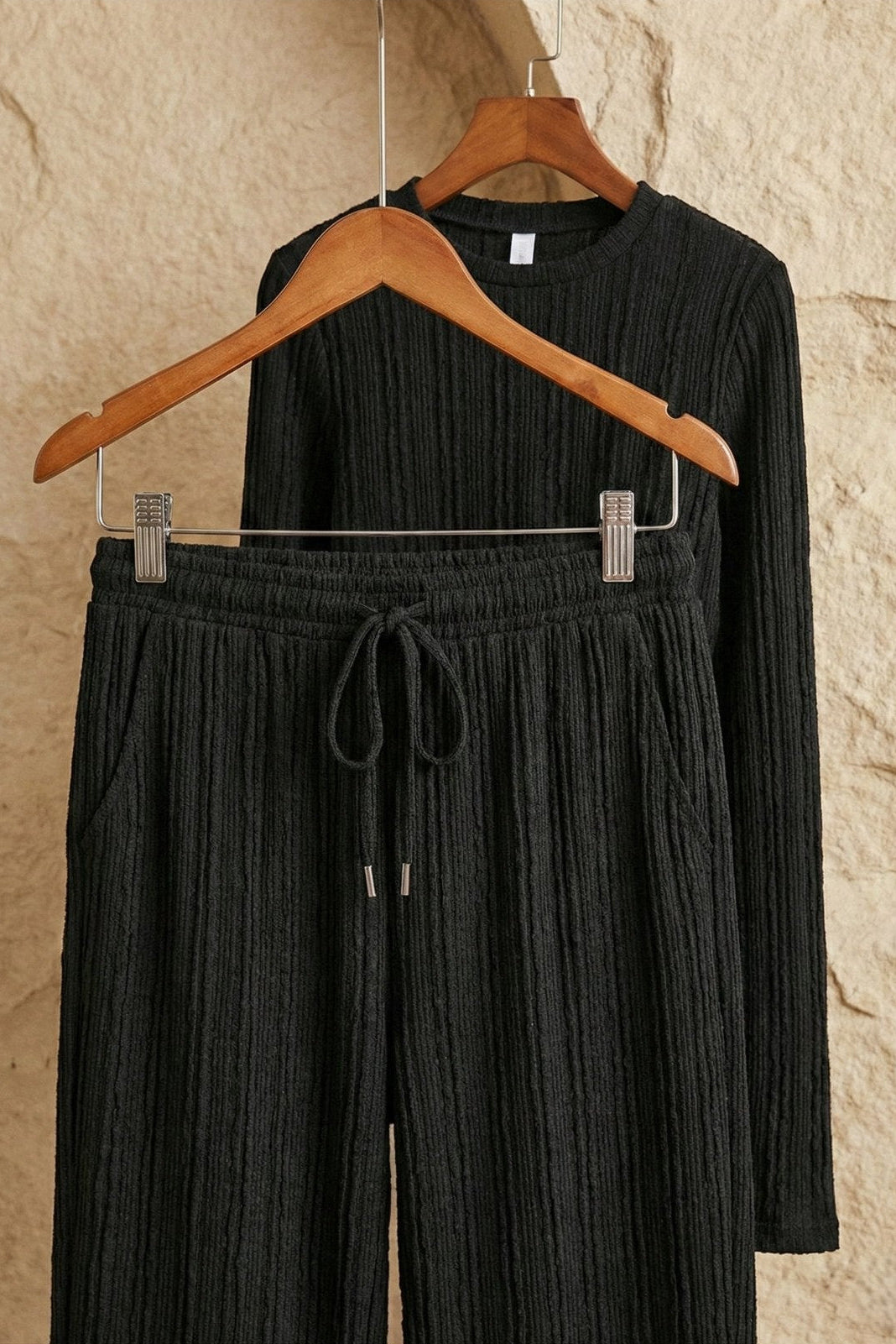 Kadın Fitilli Uzun Kollu Parmak Geçmeli Crop Üst & Geniş Paça Pantolon Takım | QUEENDA