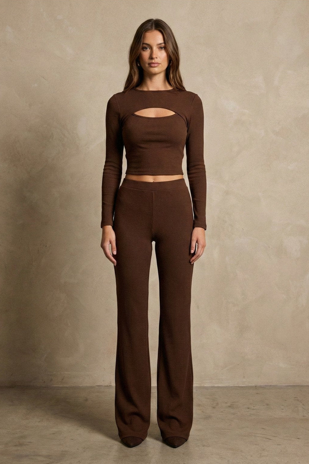 Kadın Uzun Kollu Dekolteli Rib Kumaş İki Parça Takım | QUEENDA