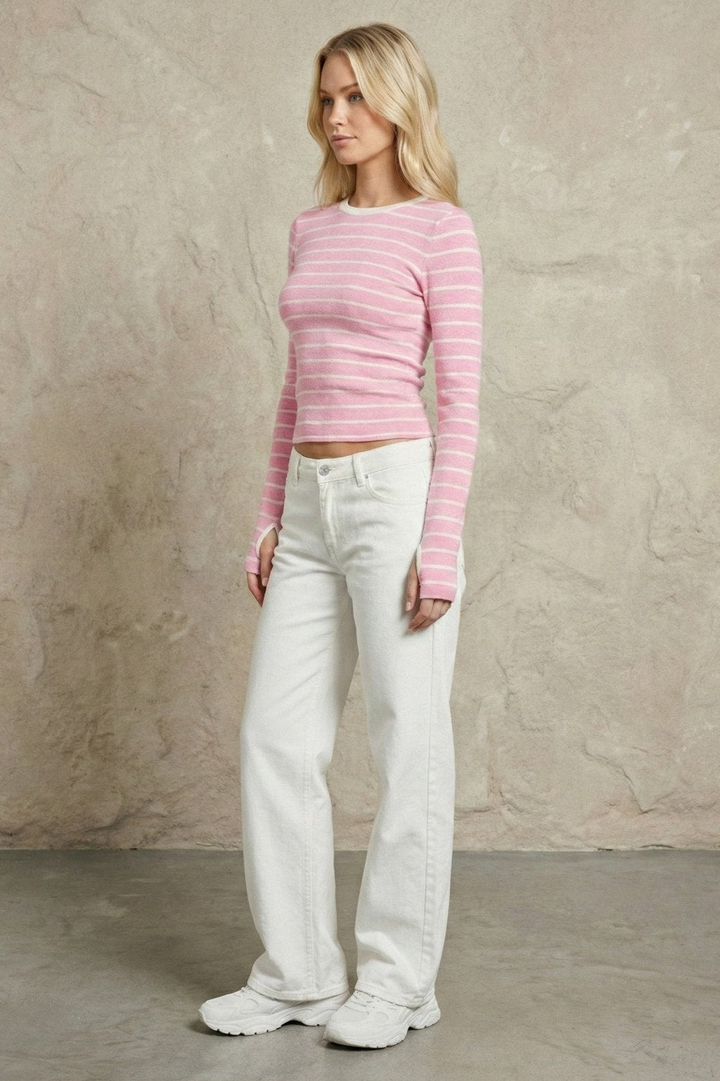 Kadın Parmak Geçmeli Çizgili Uzun Kollu Rib Bluz | QUEENDA