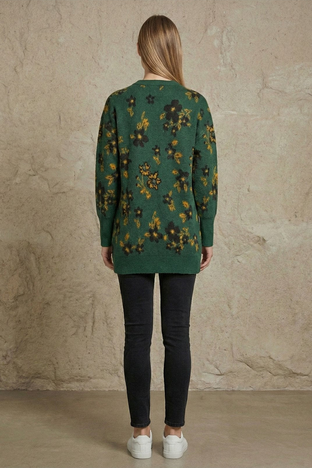 Kadın Çiçek Desenli Oversize Tunik Triko Kazak | QUEENDA