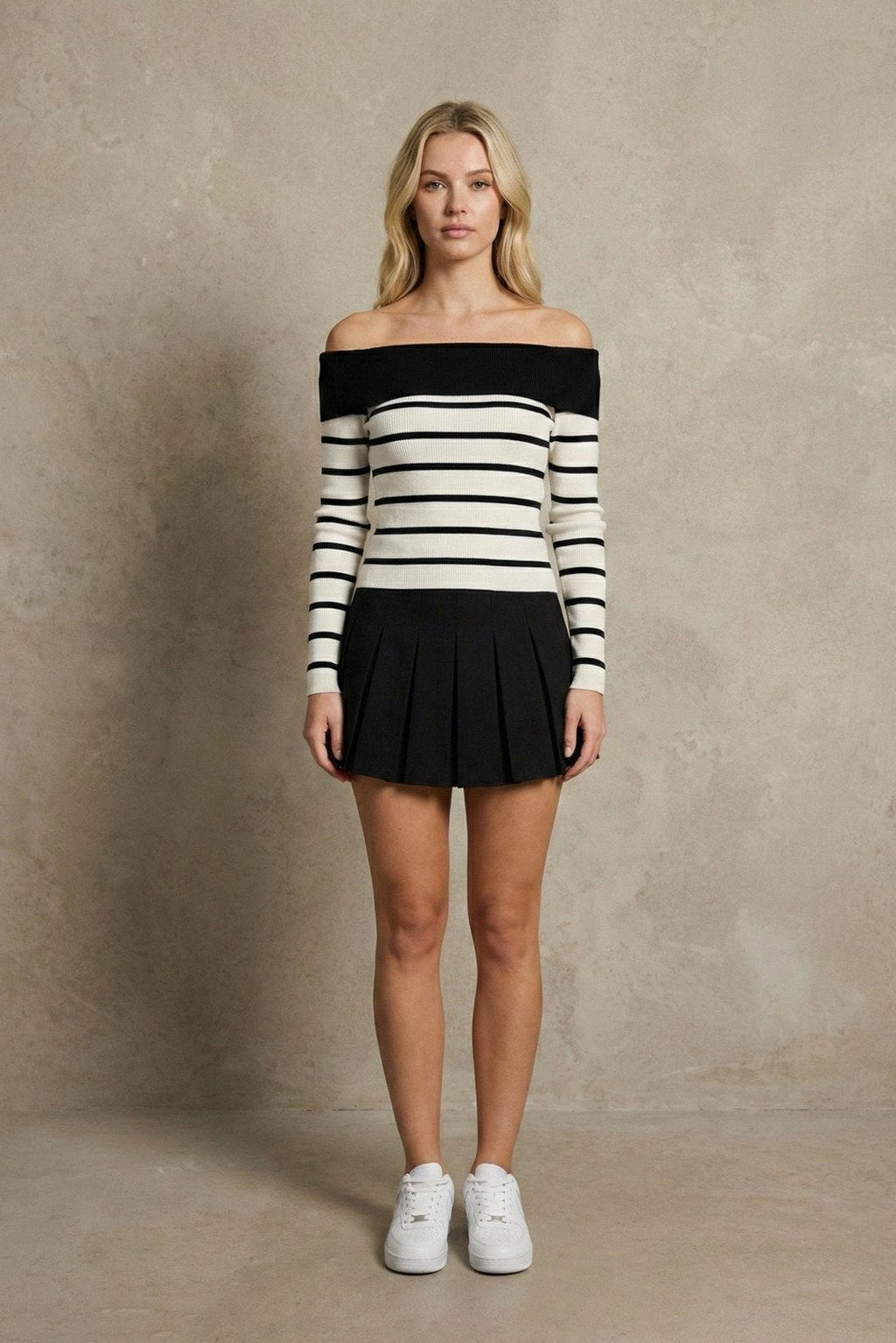 Kadın Off-the-shoulder Çizgili Rib Triko Bluz | QUEENDA