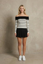 Kadın Off-the-shoulder Çizgili Rib Triko Bluz | QUEENDA