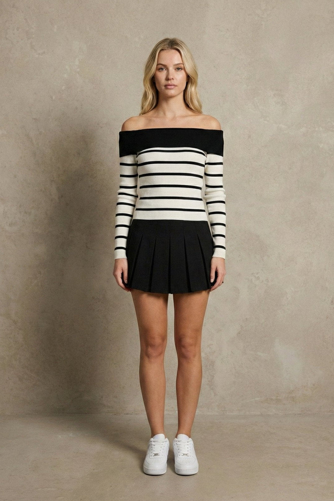 Kadın Off-the-shoulder Çizgili Rib Triko Bluz | QUEENDA