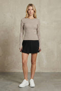 Kadın Parmak Geçmeli Çizgili Uzun Kollu Rib Bluz | QUEENDA