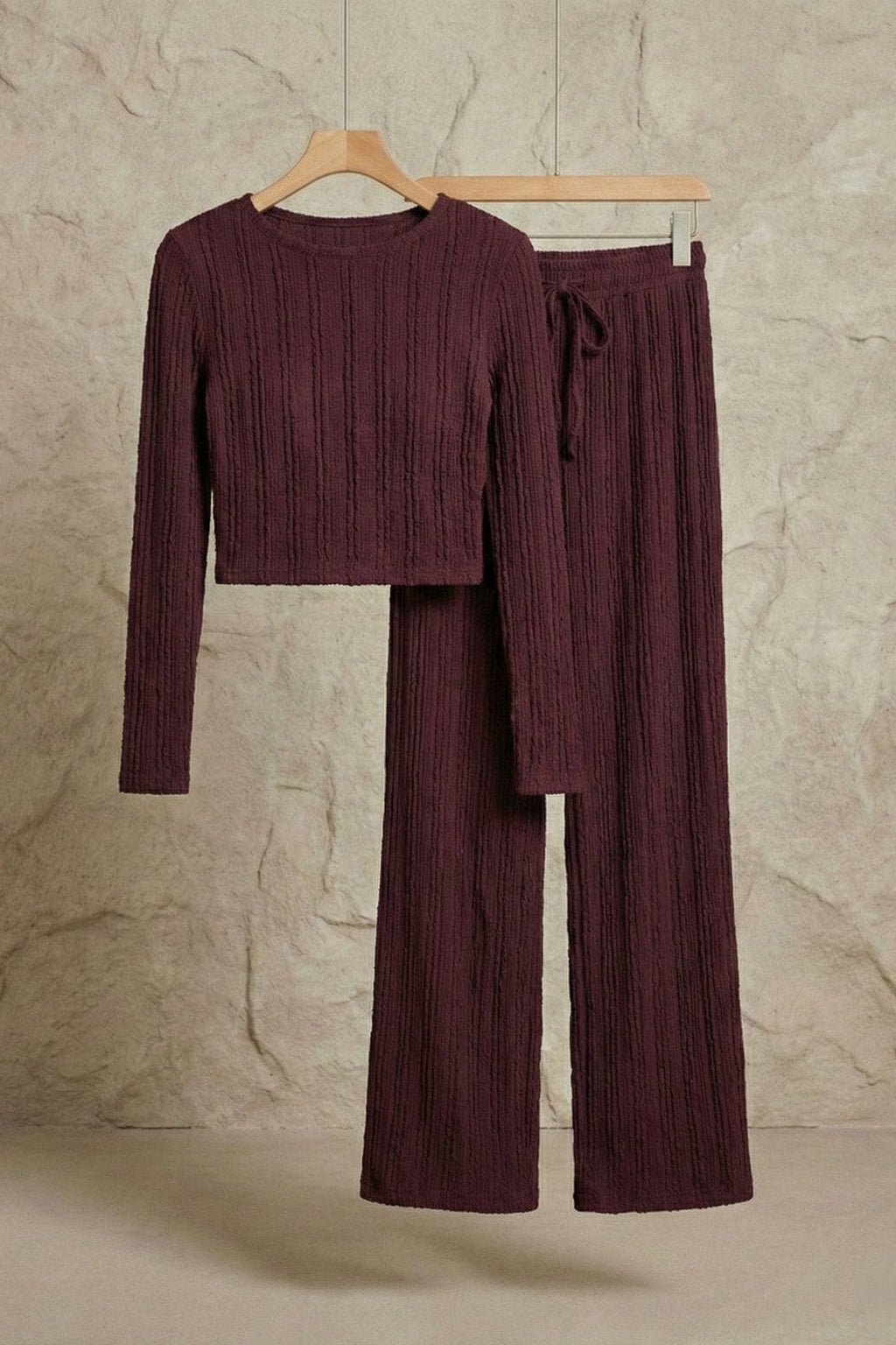 Kadın Fitilli Uzun Kollu Parmak Geçmeli Crop Üst & Geniş Paça Pantolon Takım | QUEENDA