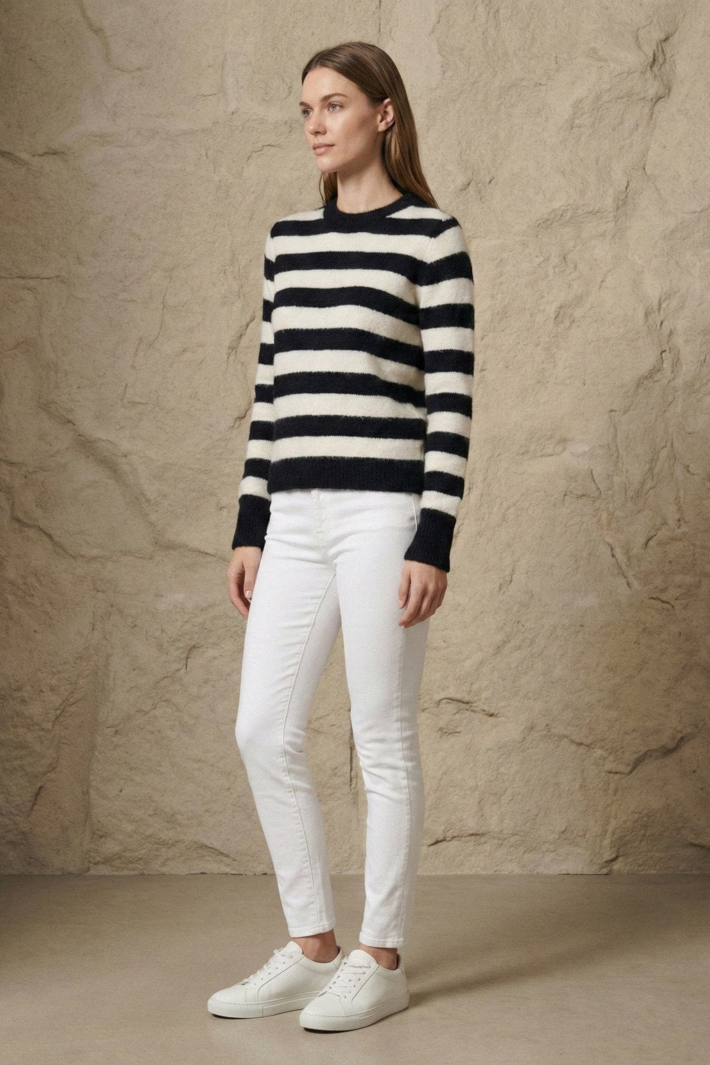 Kadın Çizgili Bisiklet Yaka Yumuşak Triko Kazak | QUEENDA