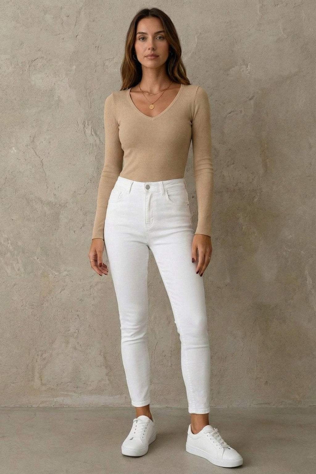 Kadın V Yaka Uzun Kollu Rib Basic Bluz | QUEENDA