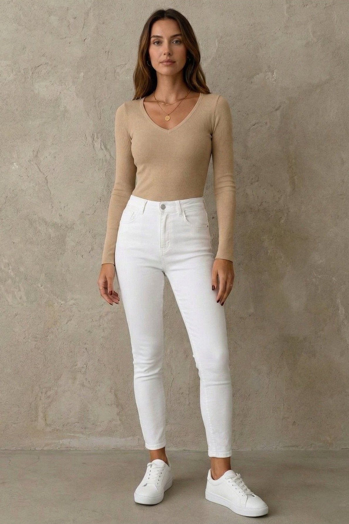 Kadın V Yaka Uzun Kollu Rib Basic Bluz | QUEENDA