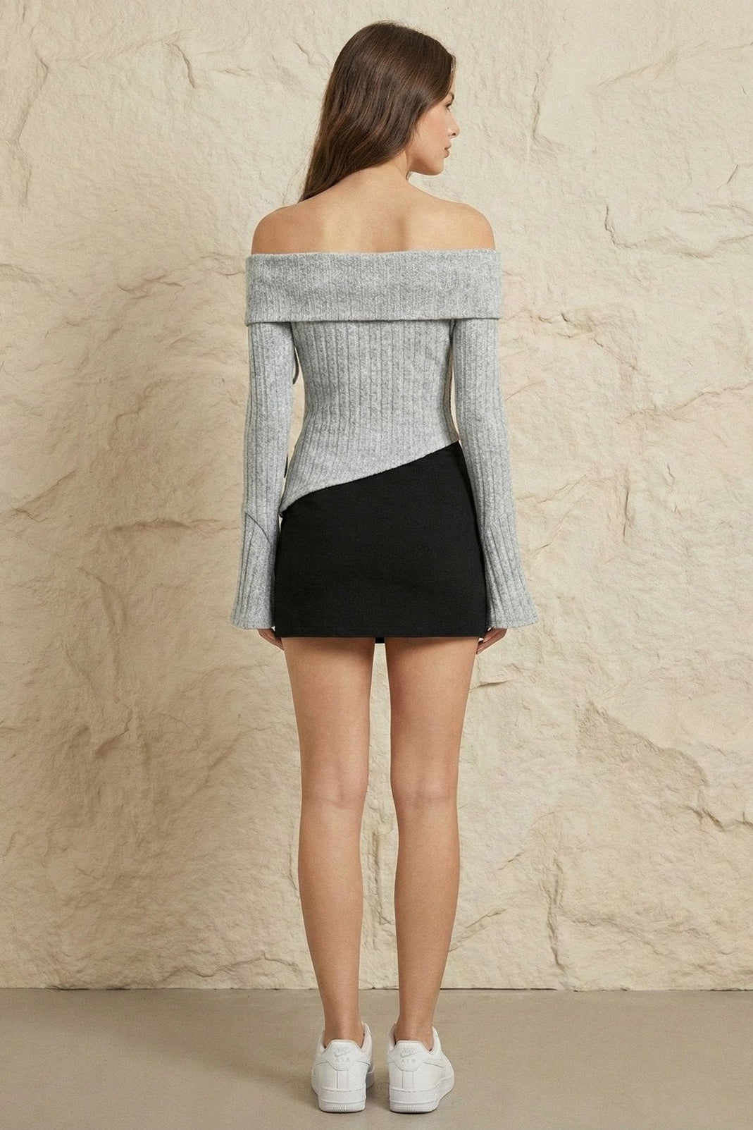 Kadın Straplez Yaka Bağcıklı Asimetrik Rib Triko Bluz | QUEENDA