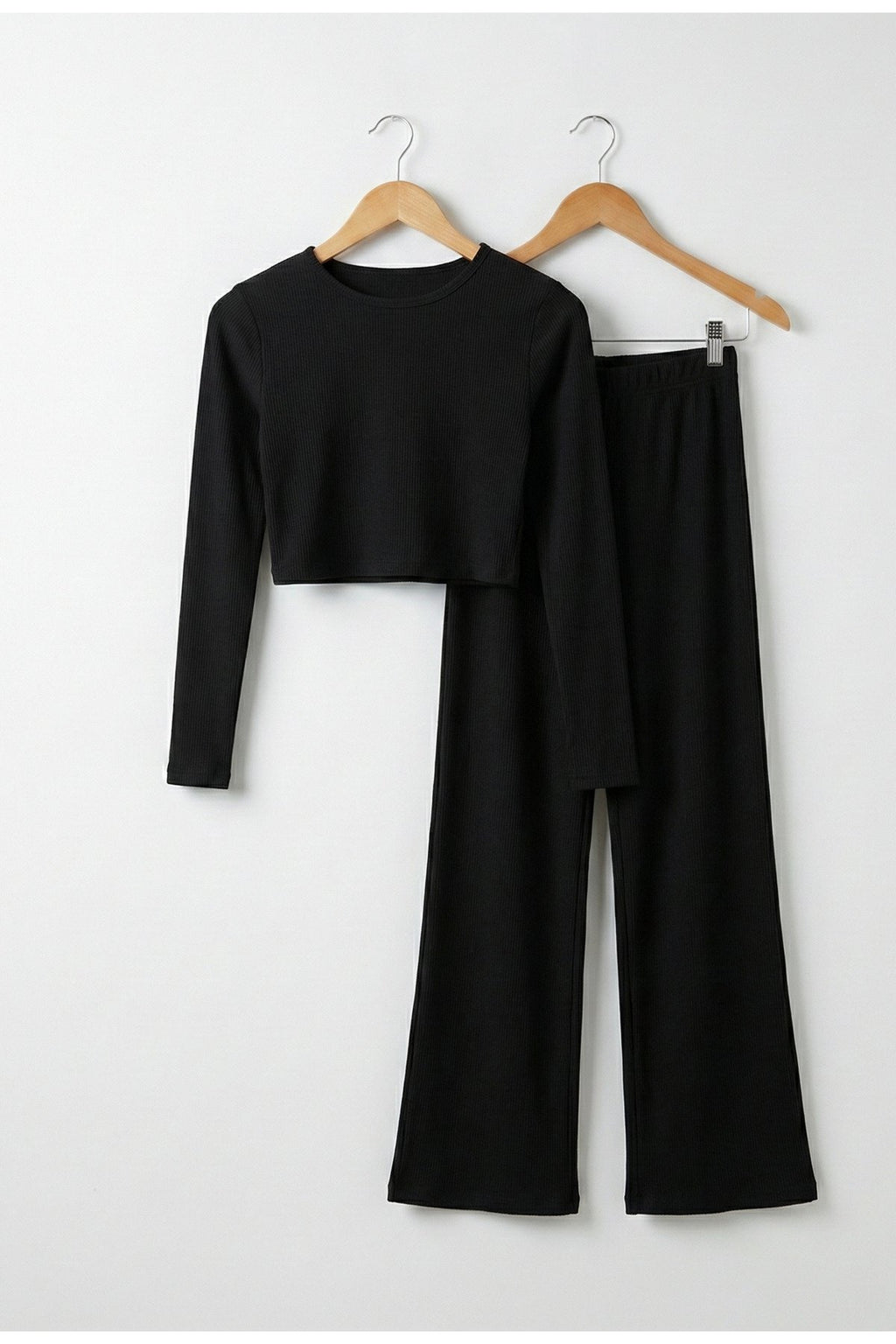 Kadın Uzun Kollu Kaşkorse Crop İki Parça Takım – Siyah | QUEENDA