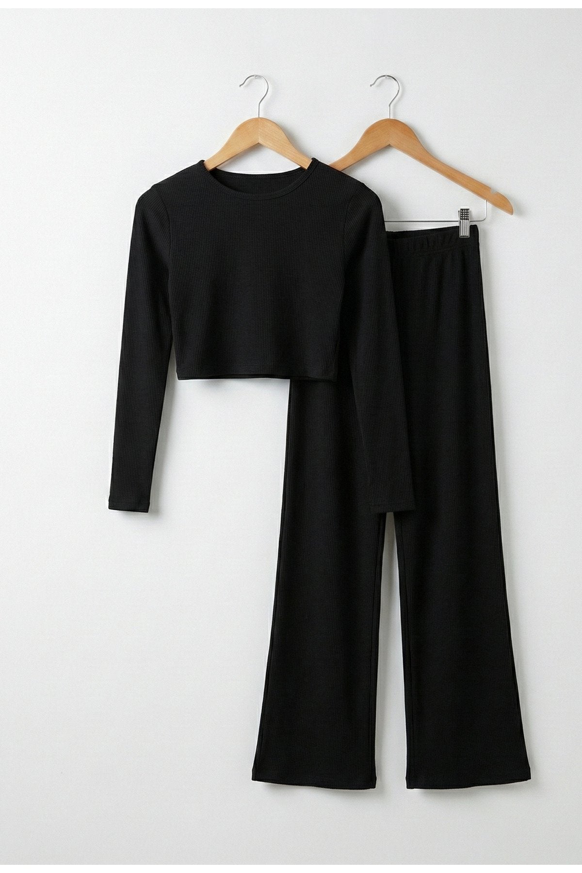 Kadın Uzun Kollu Kaşkorse Crop İki Parça Takım – Siyah | QUEENDA