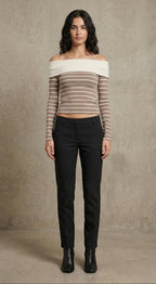 Kadın Off-The-Shoulder Çizgili Rib Triko Bluz | QUEENDA