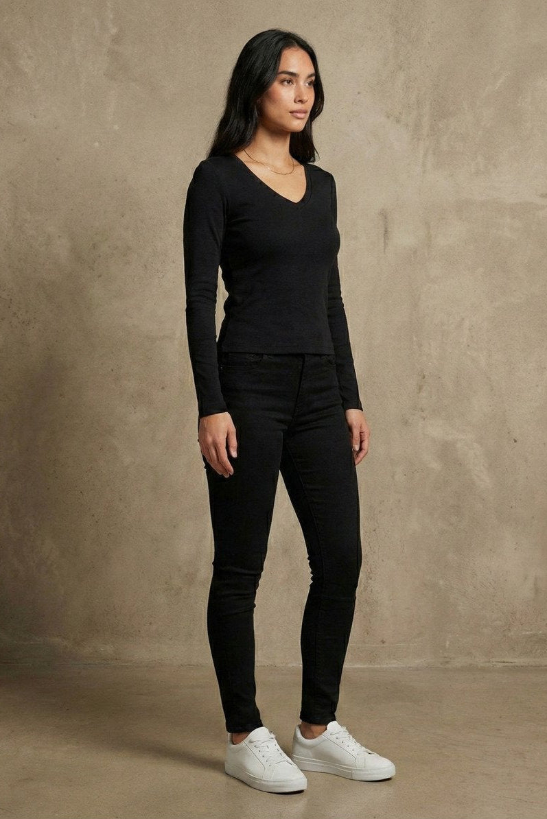 Kadın V Yaka Uzun Kollu Rib Basic Bluz | QUEENDA