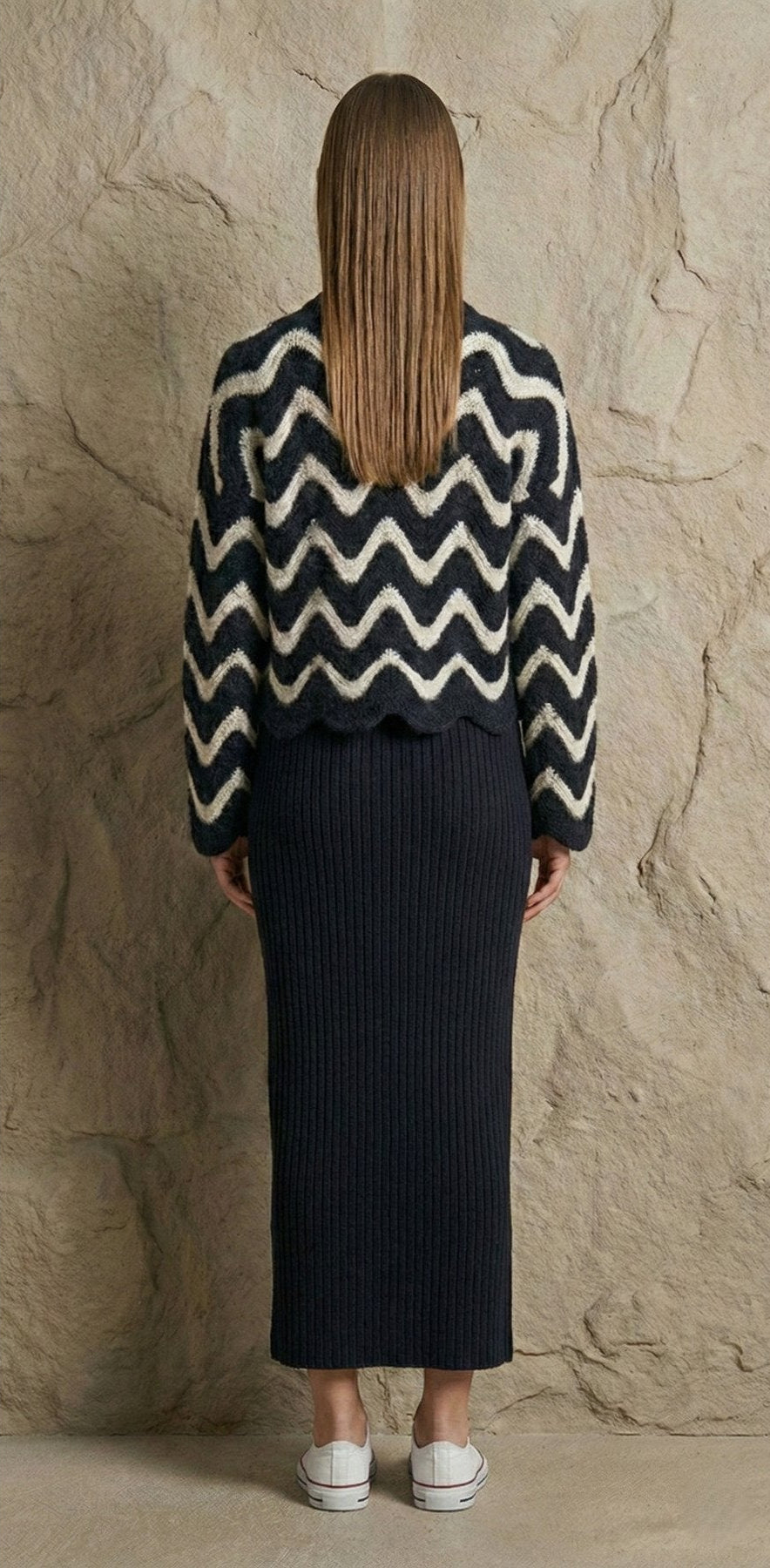 Dalgalı Desenli Triko Kazak ve Fitilli Askılı Midi Elbise İkili Takım | QUEENDA